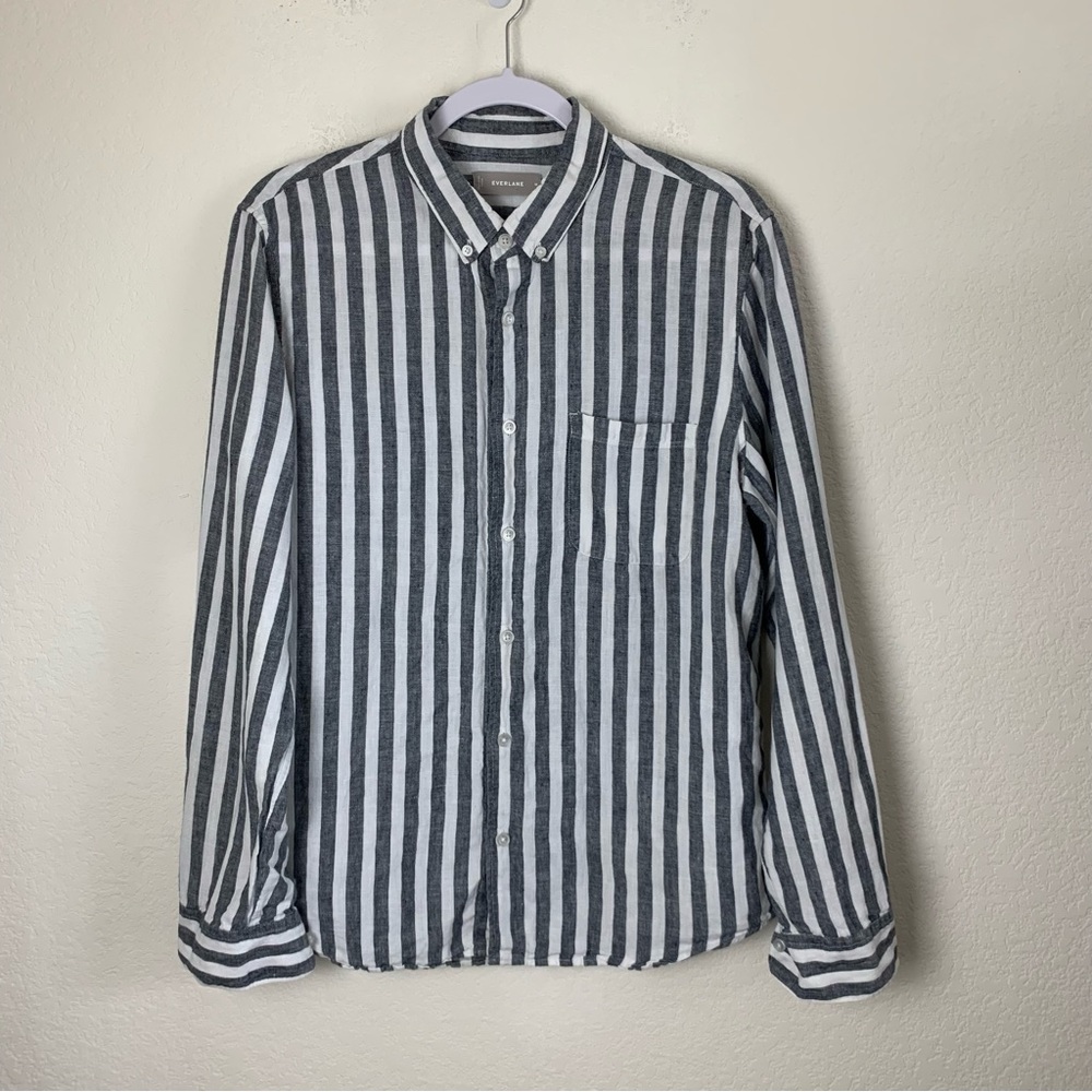 Everlane womens gray white stripe long sleeve 100% linen button down shirt M